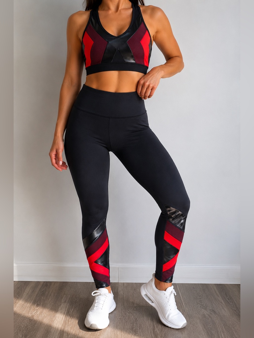 Kimberly C 2 Piece Activewear Set Black Red Leggings Sports Bra Size L